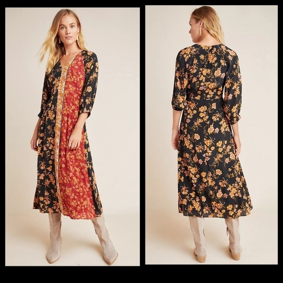 Kachel x Anthropology Hazel Maxi Dress‎ - Floral Orange Black - Picture 1 of 2